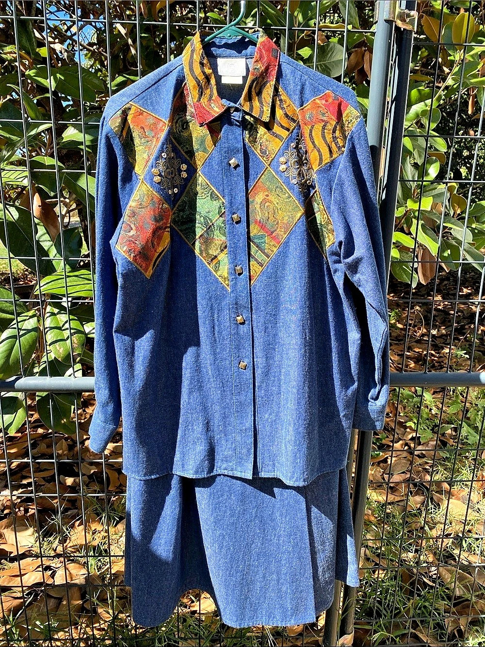 Vintage INFO Denim Patchwork Shirt and Skirt Set Size 10 - Made in USA